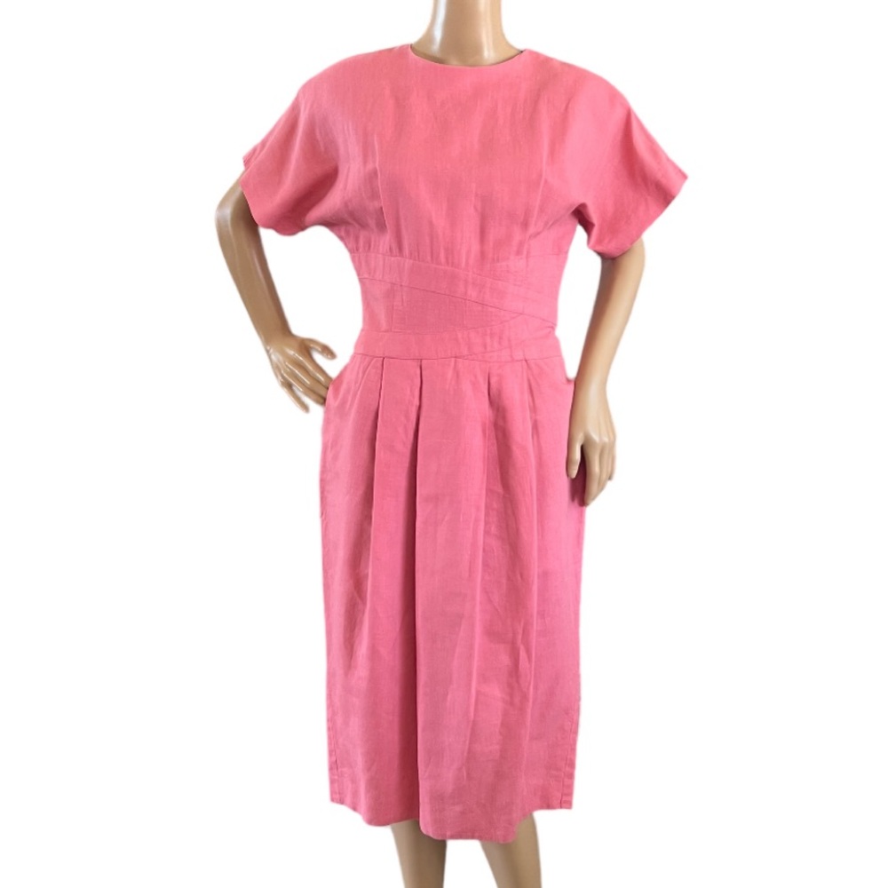 Vintage Horchow Linen Blend Pleated Dress Pockets